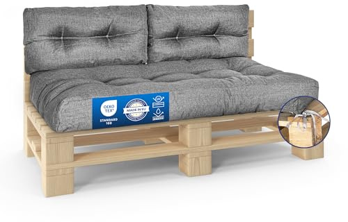 MKS Outdoor-Palettenkissen mit Spanngurten passend zur Palette | Balkon-Sofa-Wasserdicht | Outdoor-Europaletten-Sitzkissen | Bankauflage (3er Set (120x80 cm + 2 * 60x40 cm))