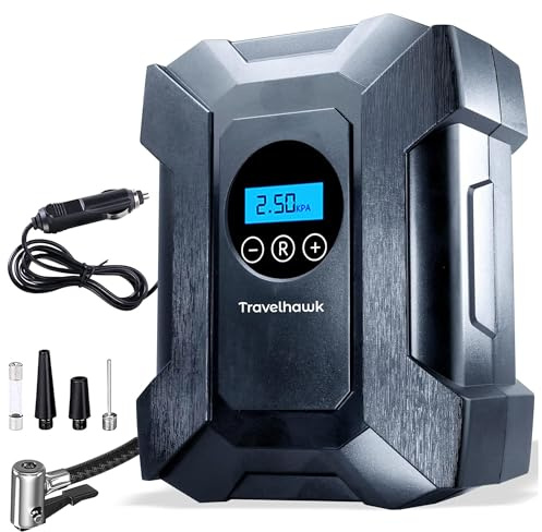TravelHawk kompressor 12 V däckfyllare – elektrisk luftpump bilddäckpump med däcktrycksmätare och ficklampa bärbar luftkompressor 100 PSI LED-display cykelpump bildäck pump