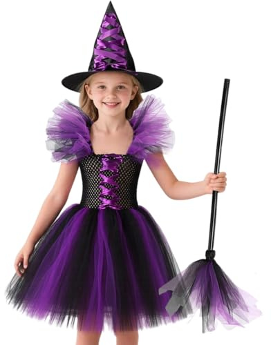 HarnyLoom Disfraz de Bruja de Halloween para niña, Disfraz de Bruja morada para niños pequeños, Medias para niña, Falda, Vestidos, Sombrero de Bruja, Escoba, Palo de Escoba (Púrpura, 130 (7-9 años))