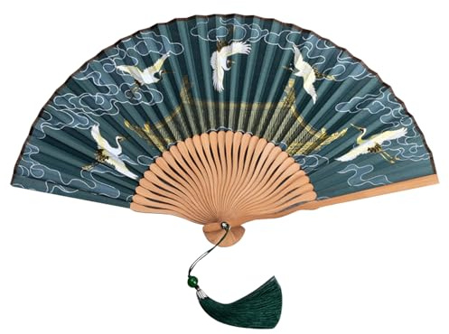 KBRPEY Ventaglio a Mano con Motivo a Gru Verde Scuro Ventagli In Legno Portatile Ventagli Stile Retrò con Nappe Adatto per il Raffreddamento Estivo Festa Festosa