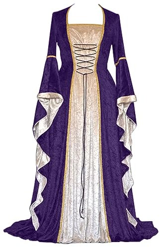 Generisch Costume d'Halloween pour femme - Robe traditionnelle élégante - Style rétro - Couleur unie - Manches trompette - Longue robe de princesse - Cosplay - Pour cosplay, scène et fête, lilas,
