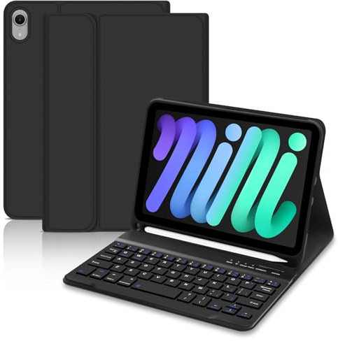 Case with Keyboard for iPad Mini 7 (A7 Pro), UK layout Bluetooth Keyboard Case for iPad 7th/6th Gen 8.3 inch (2024/2021), Slim Smart Cover with Pencil Holder for ipad mini 7th/6th gen -Black