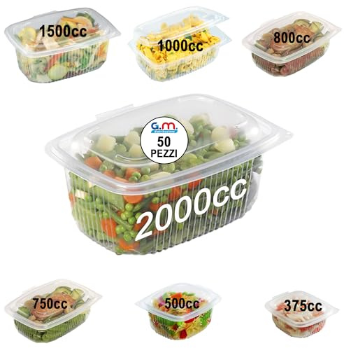 GM 50 Pezzi Contenitori Ermetici per Alimenti Caldi con Coperchio, Formato 2000 Ml, Vaschette Termiche con chiusura Ermetica Salvaliquidi, Utilizzabili in Forno Microonde, Congelatore, Riutilizzabili