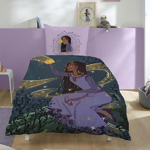 Familando – Disney Wish Winterbettwäsche-Set (2-teilig) – Decken- & Kissenbezug 135x200 cm & 80x80 cm mit Reißverschluss – Fleece-Qualität – Wendemotiv mit Asha & Star – Öko-TEX Zertifiziert