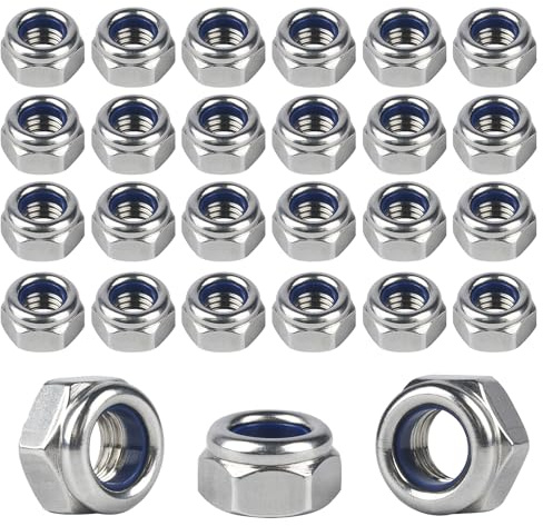 100-Piece A2-304 Stainless Steel Nylock Nuts Kit - M6 (1/4) BS 3692 Metric Lock Washers Set, Vibration-Resistant Nylon Insert Hex Nuts for Automotive & Machinery