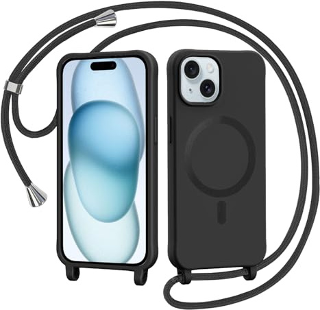 AOMYKE Handyband für iPhone 15 6.1 Zoll Hülle mit Band, Magnetisch Handyhülle kompatibel mit Magsafe zum Umhängen Schutzhülle mit Kette Kordel Weich TPU Liquid Silikon Case，Schwarz