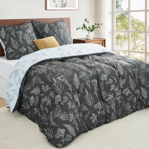 Duvetnova Bettwäsche 200x200 Blumen Grau Pflanzen Wende Weich und Angenehm ÖKO-TEX Bettwäsche-Sets 1 Bettbezug 200x200 + 2 Kissenbezüge 80x80 -alle mit Reißverschluss
