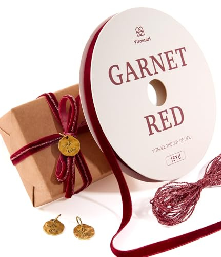 Vitalizart Cinta Terciopelo Roja con cordel & colgantes metálicos | Cinta Continua De Tela Fina De 1 cm x 13,7 m Para Regalos, Árbol De Navidad, Manualidades, Lazos Y Decoración Vintage