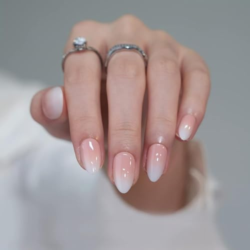 Press On Nails Kurz, Rosa White Gradient Nägel zum Aufkleben, 24 Stück Almond Fingernägel mit Nagelkleber, Natürlich Soft Gel Fake Nägel, Acryl Kunstnägel zum Aufkleben Nail Art für Frauen, Komfort