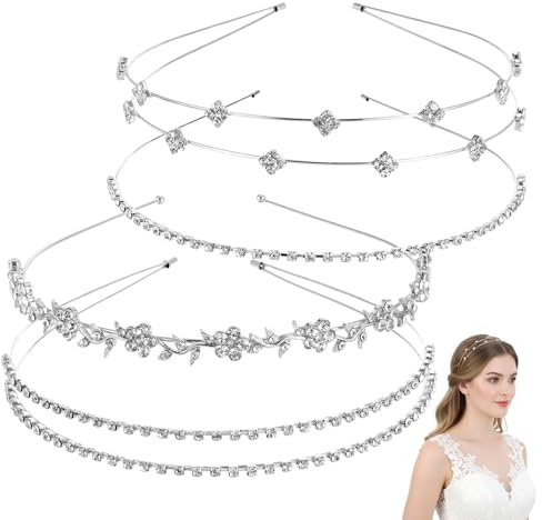 Andibro 4 Stück Silber Strass Stirnbänder Hochzeit Glitzer Braut Haarschmuck Haarreif Kristall Einfachheit Stirnband Blatt Funkelnde Haarband Kopfschmuck Haarreifen für Frauen Und Mädchen