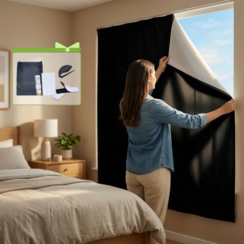 Black Out Window Cover 79 x 57,Cuttable Blackout Curtains for Bedroom,Heat Insulation and Light Blocking Blackout Shades,Portable Black Out Blinds Curtains with Stickers for Windows Nursery Theater