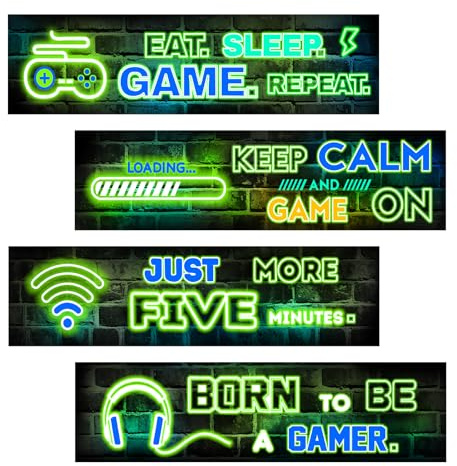 FUFUQUARE Lot de 4 Stickers Muraux Gaming Style Néon Phrases Motivantes Gamer Autocollants Ambiance Jeu Vidéo Décoration Murale pour Chambre Ado et Studio Gaming