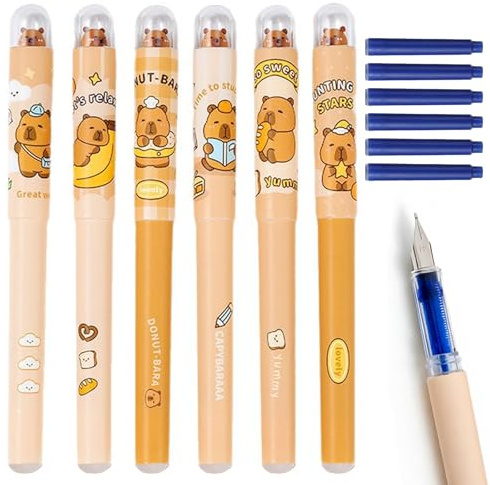 Hyleara Capybara Stifte Set, 6 Radierbarer Füllfederhalter, Radierbarer Füller mit Radiergummi, Schreiben, Radieren & Korrigieren in einem, Capybara Sachen, Radierbare Stifte für Schule, Büro(Blau)