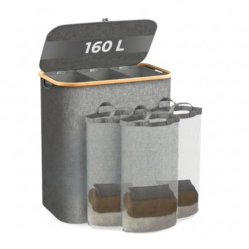 Cesto Ropa Sucia Grande 160L con Tapa y 3 Compartimentos