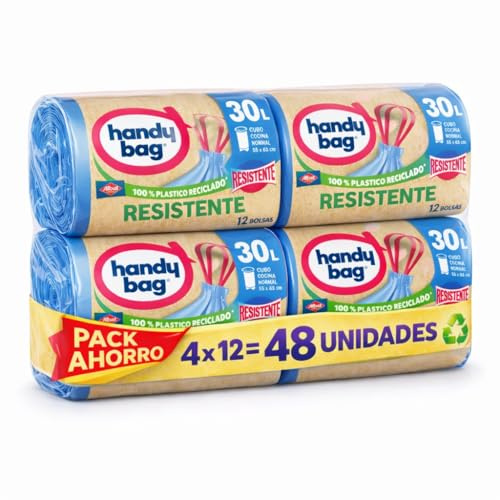 Handi Bag Bolsas de Basura 30 L Extra Resistentes – Pack Ahorro 4 x 12 | 48 Unidades | Antigoteo, Autocierre, 100% Reciclado | RASMACOR