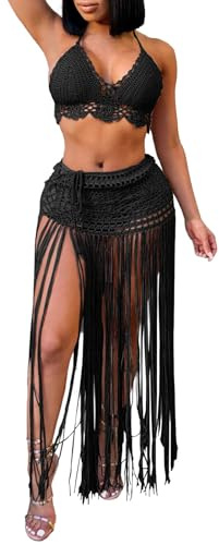 Generico Set Copricostume da Donna A Uncinetto con Top E Gonna Lunga A Frange Abito A Due Pezzi da Spiaggia Boho E Femminile
