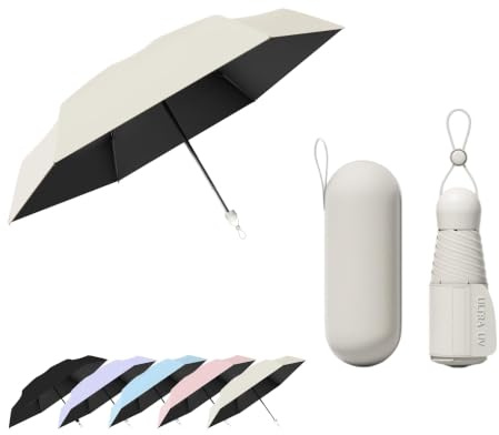 Travebo Mini Parapluie Pliant de Poche avec Larges Sangles et Cordon Rétractable/Ultra Léger/Compact/Boîte à Parapluie/Protection UV/Déperlant/Pluie/6 Baleines/Voyage/Femmes/Enfant