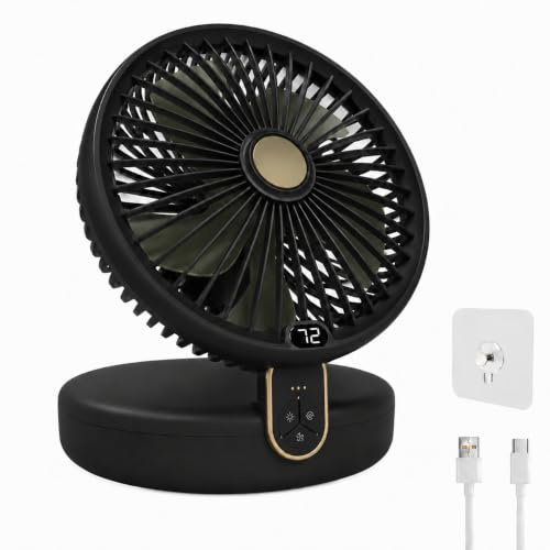 SLuB Ventilatore multifunzione 2 in 1, scrivania e parete, 5 pale | 6 velocità, vento naturale, LED a 3 livelli, silenzioso, USB ricaricabile, pieghevole, gancio e cinghia inclusi