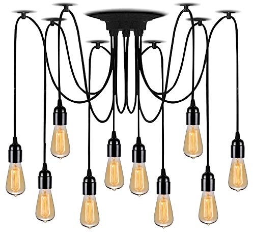 Lightsjoy Spider Pendant Light 10 Heads, Black Industrial Ceiling Lights | DIY Multiple Pendant Light Fitting, E27 Vintage Chandelier for Kitchen Hanging Drop Light Loft Hall Living Room