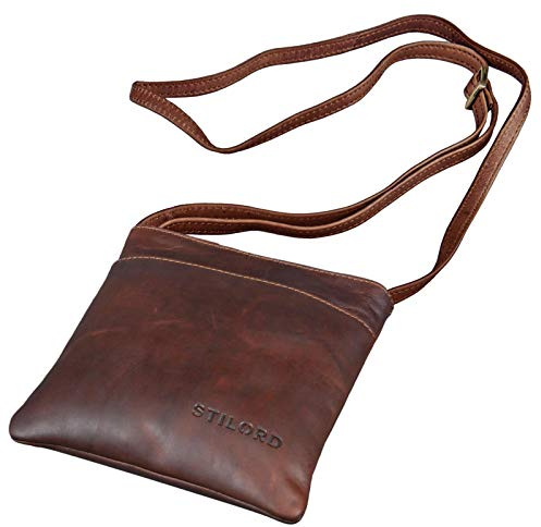 STILORD Lana kleine Umhängetasche Damen 16 x 18 x 2 cm Ausgehtasche Schultertasche Handtasche echtes Büffel Leder Vintage Design Größe S Farbe:Cognac - Dunkelbraun