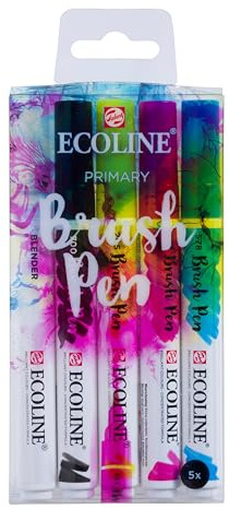 Ecoline Estuche de pinceles Primario 5 colores | Adición de negro y un rotulador blender para una paleta de colores básica| Perfecto para letras a mano, acuarela, bocetos rápidos y toques finales
