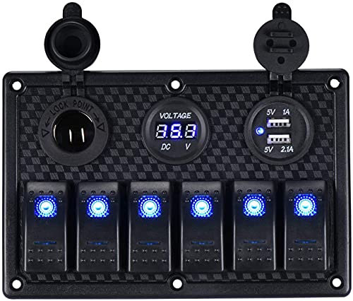 GIDREN wasserdichte 6 Gang Schalter Panel Rocker Schalttafel, 12V/24V Digitaler Spannungsmesser, Doppelte 5V USB Ladegerät Zigarettenanzünder, für Wohnmobile, Boote, Autos, Motorhaus (Blue)