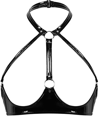 TiaoBug Women's Sexy Faux Leather Open Tip Bra Bralette Wire-Free Unlined Brassiere Black#3 4XL