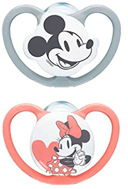 NUK Sauger Space | 6-18 Monate | Lutscher mit extragroßen Belüftungsöffnungen | Silikon BPA-frei | Disney Mickey und Minnie Mouse, Grau und Rosa | 2 Einheiten