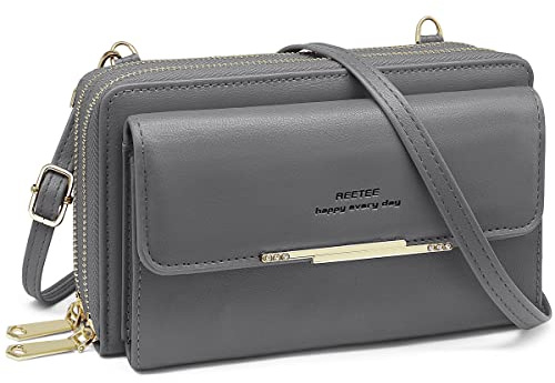 REETEE Handytasche Zum Umhängen Damen Handy Umhängetasche RFID Schutz Damen Geldbörse PU Leder Handy Geldbeutel mit 24 Kartenfächer Handy Schultertasche Reißverschluss Crossbody kleine Tasche