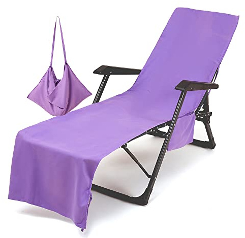 Morbuy Funda para Toallas para Tumbonas de Playa, Color sólido Funda para Silla de Playa de Microfibra con Bolsillos Laterales, para Tumbonas de Jardín, Piscina, Tomar El Sol (Violeta)