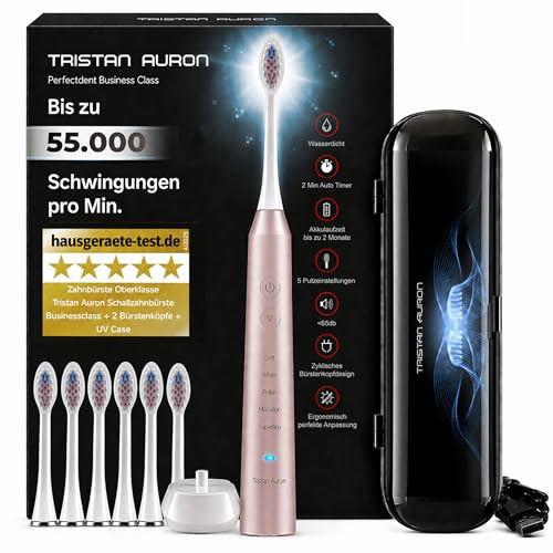 Elektrische Schallzahnbürste 55000 VPM, risikofrei 100 Tage testen | Tristan Auron Business Class Doppelpack (blau), 60 Tage Akku, 5 Putzmodi, Reiseetui, Ladegerät für elektrische Zahnbürste