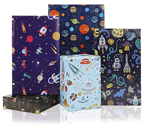 Geburtstags-Geschenkpapier für Kinder, Jungen, Mädchen, Weltraumliebhaber, Weltraum-Geschenkpapier für Geburtstag, Babyparty, 5 Stile, insgesamt 10 Blatt, flach gefaltet, 50x70 cm pro Blatt