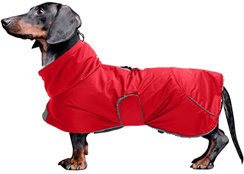 MOREZI Hundejacke ist eine wasserdichte, mit Fleece gefütterte Hundewinterjacke mit verstellbarem Gürtel und Reflexbesatz, geeignet für Dackel und ähnliche Rassen-Rot-XS