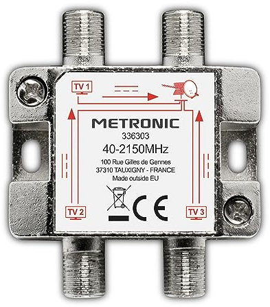 Metronic 336303 - Distributore TV, Splitter coassiale, DVB-T2 e satellite, splitter antenna TV, schermato, metallico 1 ingresso - 3 uscite F
