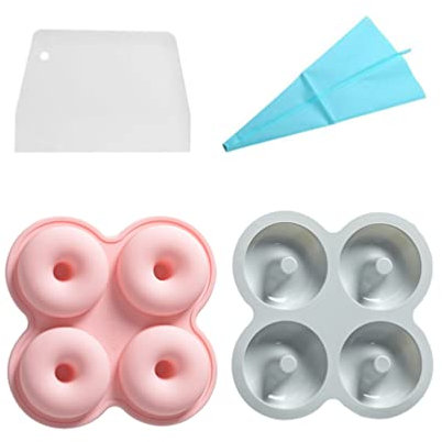 Set Mit 2 Donut-Silikonformen, Runde Geriffelte Kuchen-Backform Mit 4 Mulden, Spritzbeutel Und Schaber, Standard-Donut-Form Mit 6,3 cm Durchmesser Zum Backen Zu Hause, Zur Herstellung Von Harz