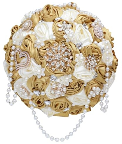 Gkvszy Bouquet de mariée ivoire et doré avec broche en strass et cordon de perles en cascade pour mariée, demoiselle d'honneur, bouquet de fleurs en satin rose doré et ivoire 22,1 cm