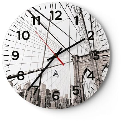 Modern Wanduhr Brücke Die Architektur New York 40x40cm Rund Groß Wand Uhr Glas Analog Zimmeruhren Küche Büro Wohnzimmer Glasuhr Wall Clock Dekoration Design Wanddekoration Küchenuhr C4AR40x40-5199