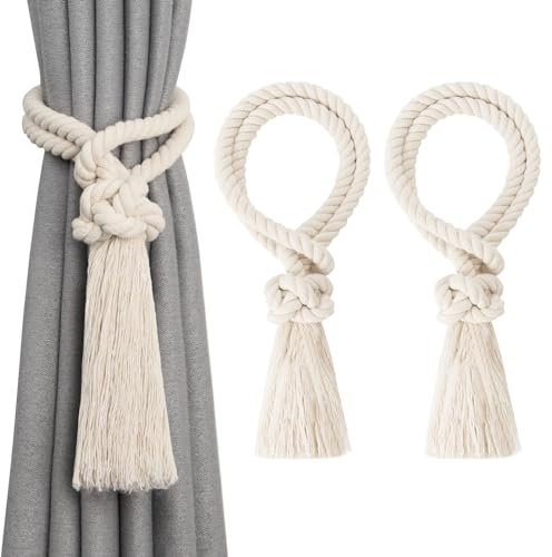 Pretty Jolly 2 Pack Natural Cotton Rope Tassel Curtain Tiebacks Boho Home Decor Drape Tie Backs Hand Woven Ball Curtain Holdbacks for Thin & Thick Home & Office Window Draperies (Beige)