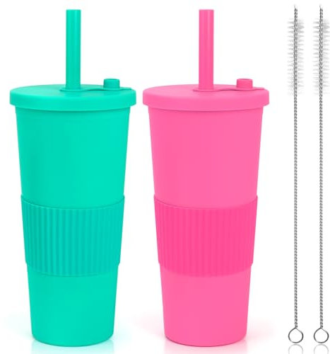 Ulable Tea Becher mit Deckel und Strohhalm,2 Stück Tea Becher mit Strohhalm,BPA Frei Doppelwandig Isoliert Plastikbecher, Wiederverwendbarer Auslaufsicher Smoothie Becher Fluoreszierendes Rosa Türkis