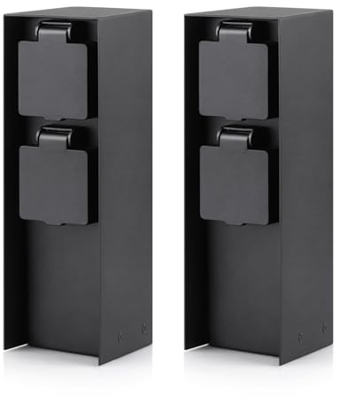 Lot de 2 colonnes multiprises de jardin avec 2 prises, max. 3680 W, IP44, prise extérieure en aluminium, pour l'extérieur, rectangulaire, noir