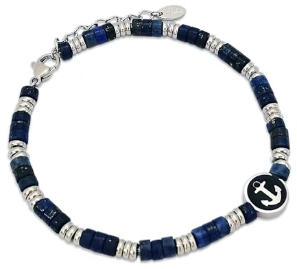Aloha® Pulsera náutica para hombre, con ancla de piedra natural de ágata azul y esferas de acero, idea regalo ajustable, TU, Acero inoxidable, Ágata