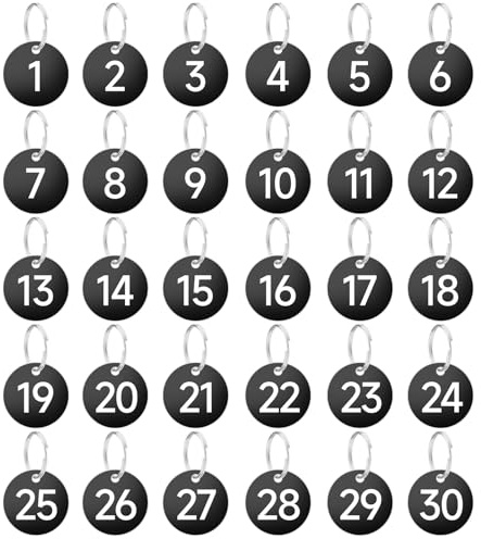 cobee Lot de 30 étiquettes numérotées de 1 à 30 avec anneaux porte-clés, pendentifs chiffres