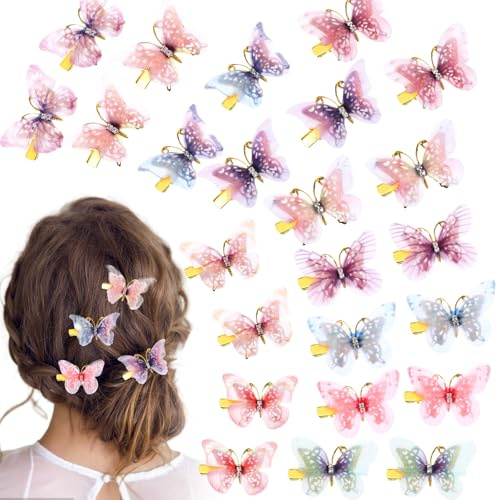 Andibro 24 Stück 3D Schmetterling Haarspangen - Bunte Glitzer Haarclips, Kleine Haarklammer Haarschmuck Mit Snap für Mädchen, Damen, Blumenmä, Hochzeit