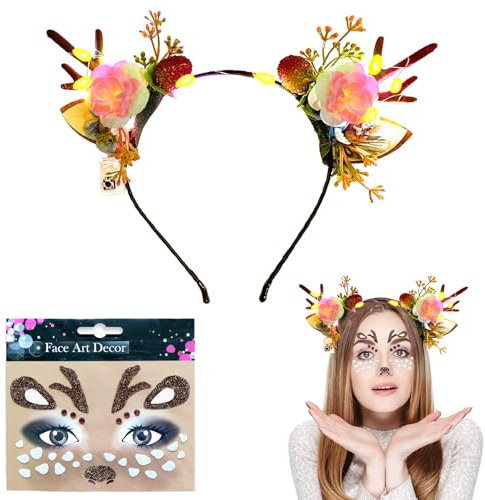KEELYY Reh Kostüm Damen LED Rentier Haarreif reh haarreifen Fasching Beleuchtete Stirnbander Mädchen Reh kostüm Haarschmuck für Weihnachten Karneval Fasching Halloween