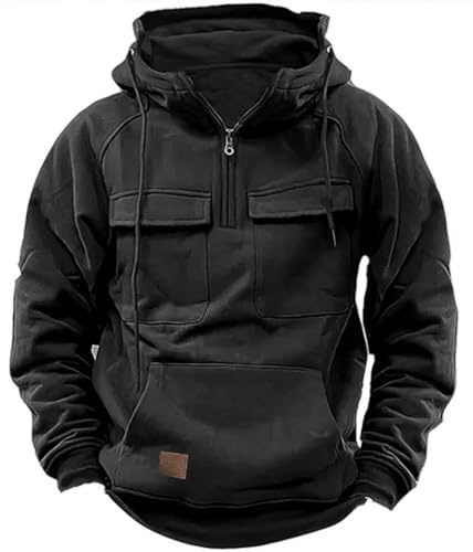 PADOLA Pullover Herren 1/4 Zip Hoodie Cargo Arbeitspullover mit Multi-Taschen Vintage Kapuzenpullover Retro Fleecepullover Langarm Sweatshirt mit Fleece Übergangsjacke Winter