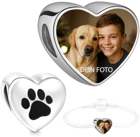 Personalisiert Schmuck Foto Charm Liebes Herz kompatibel mit Pandora Armband und Kette, Klar oder Hunde-, Katzenpfote Edelstahl