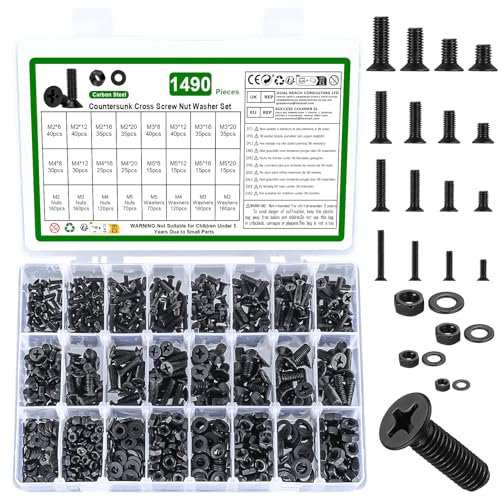 1490 Pz Set M2 M3 M4 M5 Viti e Dadi, Testa Svasata Croce e Testa Piatta, Kit Assortimento Bulloni con Rondelle - Nera