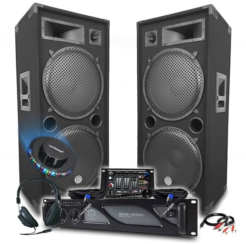 Sonido DJ BM Bmsonic Amplificador 4000W, par de altavoces pasivos LSC215 4000W, mesa de mezcla, auriculares DJ, cables, micrófono