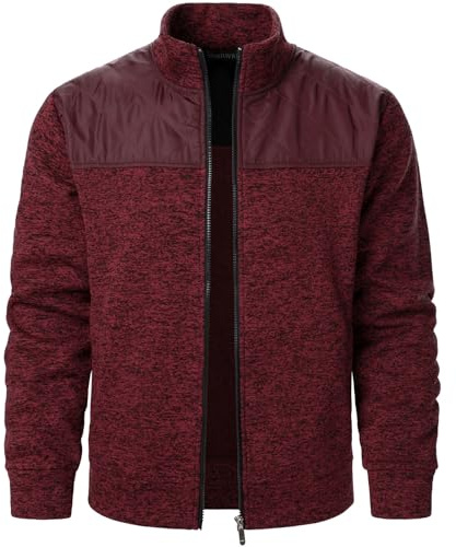 Duohropke Chaqueta de forro polar para hombre, color de contraste, patchwork, chaqueta tradicional con cuello alto, otoño e invierno, cálida chaqueta de entretiempo elegante, burdeos, XL
