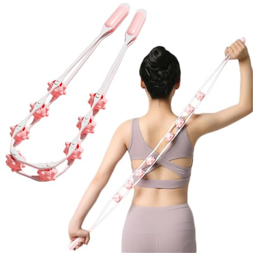 Manuell ryggmassage rullrep, handhållen massageboll rulle anti-celluliter massageroller, fascia roller manuell massagerem för rygg nacke axlar midja ben muskel träning massagerulle (rosa)